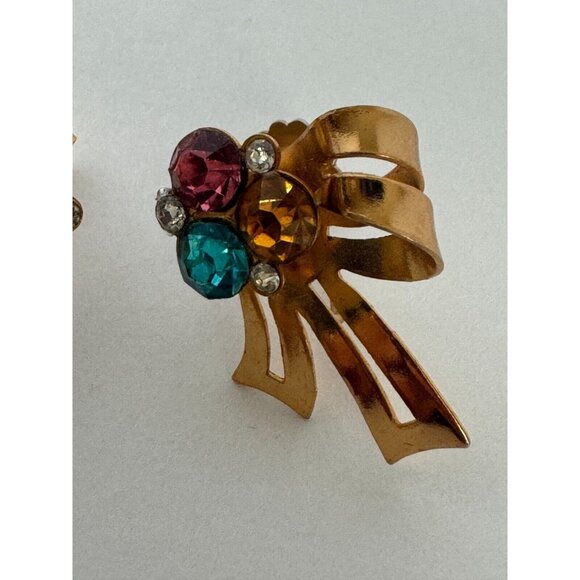 Coro Screw Back Earrings Vintage Bow Ribbon Colorful Rhinestones Goldtone 1 inch - Picture 5 of 10